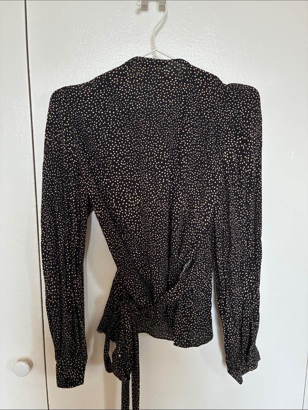Women’s Black Polka Dot Wrap Top with Tie - Picture 2 of 3